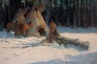 Native American Hut Horses 20 x 30 in Rolled Canvas Print Old West Painting