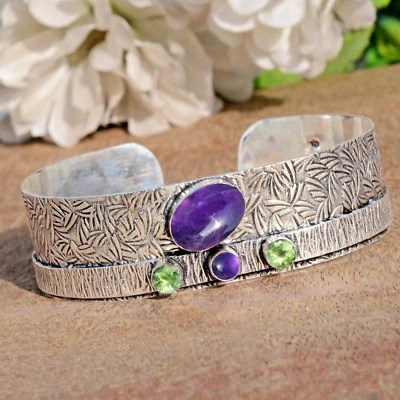 Amethyst & Peridot Cut Gemstone Cuff 925 Sterling Silver Attractive Bracelet - Image 1 of 4