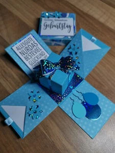 Geschenkbox,Explosionsbox,Geburtstag,Torte eckig,Geschenk,Handarbeit,hblau,5x5cm - Bild 1 von 1