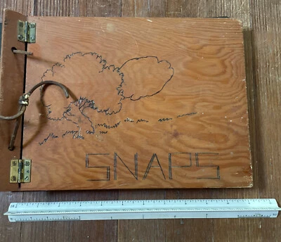 VINTAGE Handmade Wooden Photo Album -  SNAPS Metal Hinges - Damaged Leather Cord - Image 1 of 4