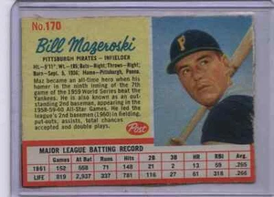1962 Post Cereal Baseball #170 Bill Mazeroski Pittsburgh Pirates  - Picture 1 of 2