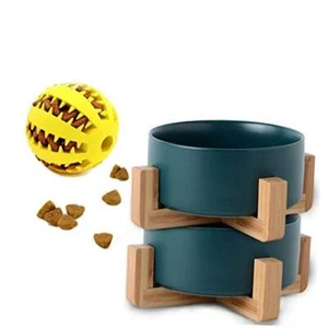 Ceramic Dog Cat Bowl Dishes with Wood Stand for Food and 400ml x 2 Deep Green - Picture 1 of 8