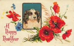Postcard A Happy New Year Dog Flowers Greeting Embossed - Picture 1 of 2