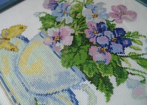 Handmade BIG Cross Stitching Cross-Stitch Picture Wooden Frame 11x11in. Pansie - Picture 1 of 4