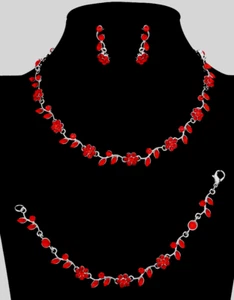 RED CRYSTAL FLOWER 3 PC PROM WEDDING BRIDAL FORMAL FASHION NECKLACE JEWELRY SET - Picture 1 of 4