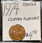 1974 Canada Small Cent avec erreur de planchette coupée. Pièces de monnaie ENN