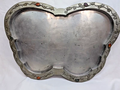 Bandeja grande vintage para servir mariposa de peltre chino con jade, cornalina, amatista Foto 1 de 4