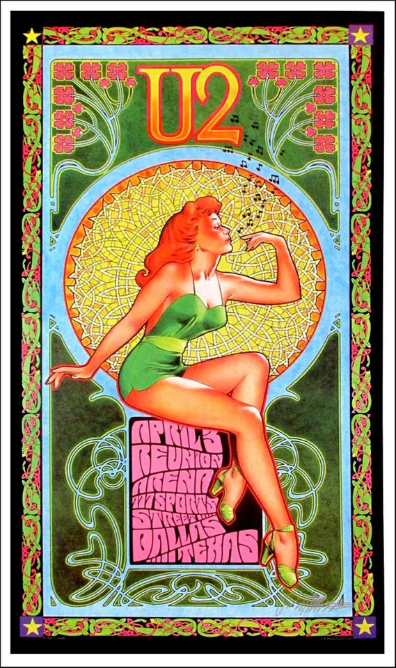 Póster U2 Reunion Arena Dallas Original Estilo Art Nouveau Firmado a Mano Bob Masse Foto 1 de 4