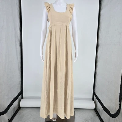 Vintage 1970s 100% Orlon Beige Ruffle Strap Empire Waist Knit Maxi Dress (M) - Image 1 of 4