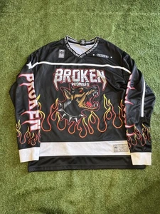 Broken Promises Hockey Jersey Shirt Mens Medium Flames Wolf Graphic Streetwear - Picture 1 of 8