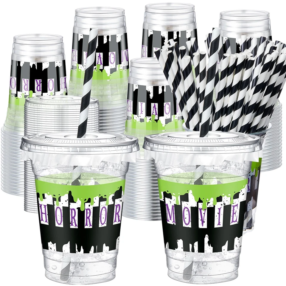 50 Pcs Halloween Disposable Plastic Cups with Lids  Straws for Parties - Image 1 of 4