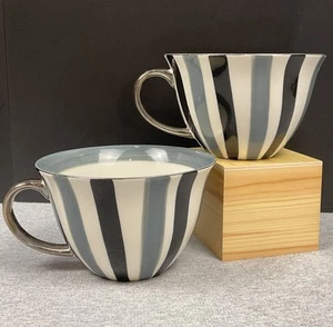 2 Signature Stoneware Black Silver Stripe Mugs Oversized - Picture 1 of 7