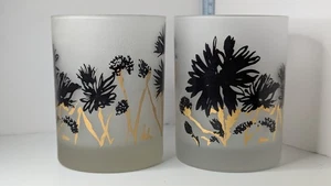 Georges Briard MCM Frosted Old Fashioned Rocks Glasses Set/2 Black Gold Floral - Bild 1 von 14