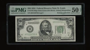 DBR 1934 $50 DGS FRN St. Louis Fr. 2102-Hdgs PMG AU-50 EPQ Serial H01559765A - Picture 1 of 2