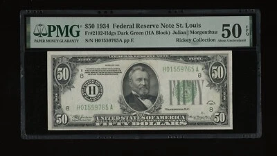 DBR 1934 $50 DGS FRN St. Louis Fr. 2102-Hdgs PMG AU-50 EPQ Serial H01559765A - Image 1 of 2