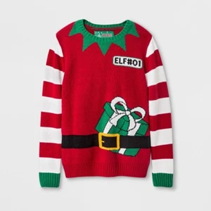 Boys' Elf #01 Red Pullover Ugly Christmas Sweater with Stripe Sleeves, Size 16 - Picture 1 of 1