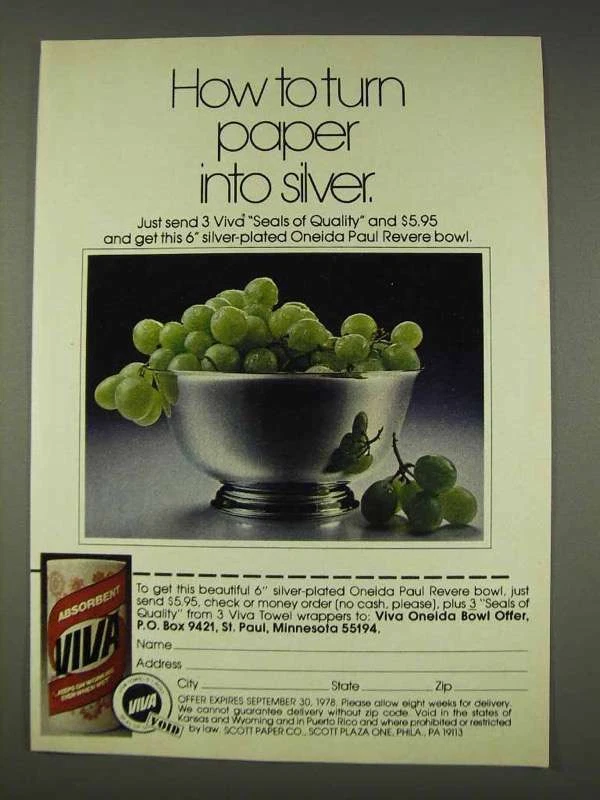 Anuncio de toallas de papel Viva 1977 - convierte el papel en plata Foto 1 de 1