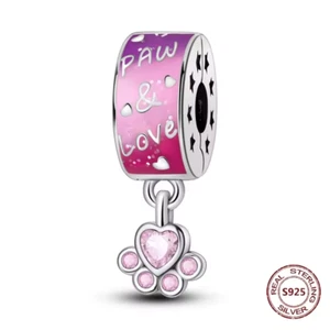 PAW & LOVE PINK CZ STERLING SILVER STOPPER CLIPPED CHARM BRACELET BEAD & POUCH! - Picture 1 of 4