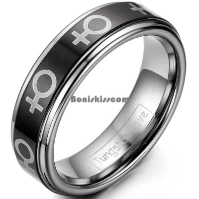 Black Ceramic Laser Etched Love Symbol Design Tungsten Carbide Ring Wedding Band - Image 1 of 4