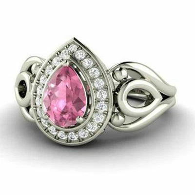 Simulated White Sapphire & Pink Tourmaline Drop Dangle Engagement Women's Ring - Image 1 of 4