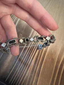 Vintage Art Deco Black Onyx Marcasite Mother Of Pearl Sterling Silver Bracelet - Picture 1 of 7