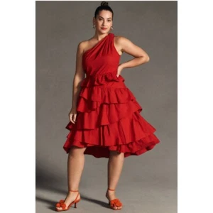 Anthropologie Dress Plus 22W One Shoulder Tiered Midi Red Ruffle Cotton - Picture 1 of 13