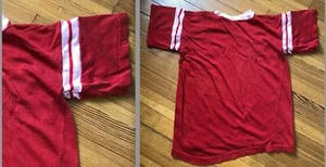 VTG 50s BRIGHT RED DURENE RAYON TEE SPORTS SHIRT WHITE STRIPED CHEST 37" GUC - Picture 1 of 6