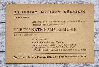 1938 Collegium Musicum Nürnberg Kammermusik Eintrittskarte Werbung Reklame Deko - Bild 1 von 2