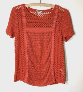 Lucky Brand Top Womens Medium Red Crochet Tee Blouse Short Sleeve Boho Festival - Picture 1 of 6