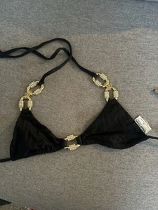 BEACH BUNNY BIKINI JEWELRY AND CRYSTALS BLACK TRIANGLE TOP Size XS resort - Picture 1 of 4