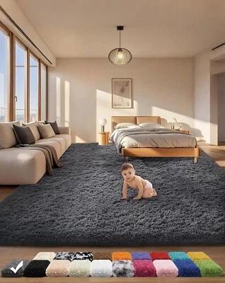 Area Rugs - 4x6 Grey Fluffy Shaggy Carpet for Bedroom & Living Rooms - Image 1 of 4