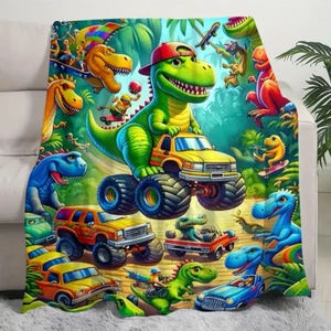 Cozy Dinosaur Truck Flannel Throw Blanket All-Season Comfort Nap Car Seat S-L - Picture 1 of 4