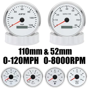110mm GPS Speedometer 120 MPH Tacho 8000RPM 52mm Fuel/Volt/Temp/Oil Press Gauge - Picture 1 of 23