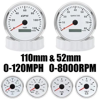 110mm GPS Speedometer 120 MPH Tacho 8000RPM 52mm Fuel/Volt/Temp/Oil Press Gauge - Image 1 of 4