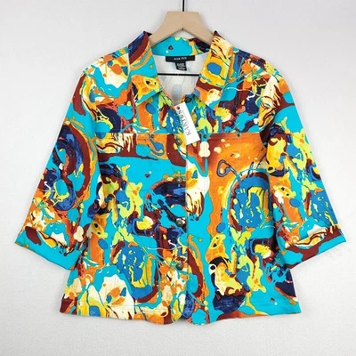 Chaqueta Kaktus Mujer Grande Azul Multi Pintura Salpicaduras Algodón Elástico Artístico Nueva con Etiquetas Foto 1 de 4