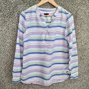 Talbots Top Womens Small Blue Linen Striped Popover Blouse Roll Tab Sleeve - Picture 1 of 7