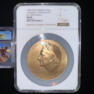 1990 DATED BRONZE 76MM MS68 NGC US MINT MEDAL LAURANCE S ROCKEFELLER MASSIVE!!! - Picture 1 of 2