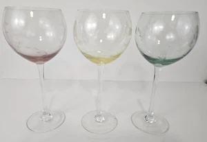 3 Lenox Butterfly Meadow Etched Balloon Wine Glass Dragonfly Pink Yellow Green - Picture 1 of 11