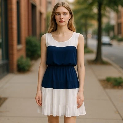 Vestido Vaina ESLEY Acordeón Plisados Talla L Bloque de Color Blanco Azul Sin Mangas Foto 1 de 3