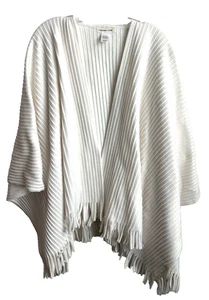COLDWATER CREEK Sweater Wrap Shawl Poncho Ivory White Fringe Accents Soft & Warm - Picture 1 of 6