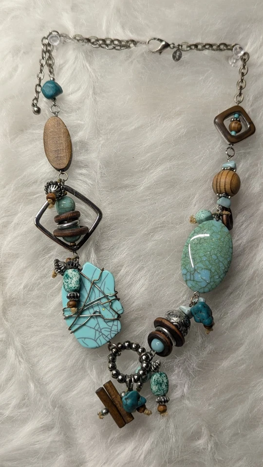 Collar Chicos Tono Turquesa y Plata Piedra Cuentas Impresionantemente Ecléctico 20" Foto 1 de 4