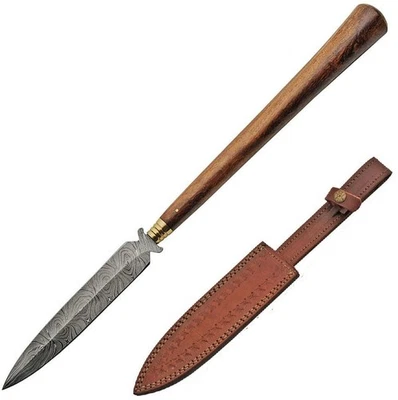 Damascus Spear Fixed Knife 8" Double Edge Damascus Steel Blade Brown Wood Handle - Image 1 of 3