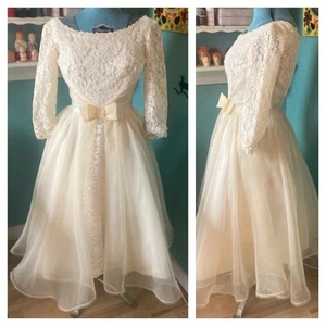 Vintage 50s 60s Ivory Lace Overlay Organza Wedding Dress Tea Length Tulle Union - Picture 1 of 16