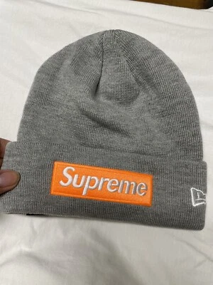 Authentic 2017 FW17 New Era Supreme Heather Grey And Orange Box Logo Beanie - Image 1 of 4