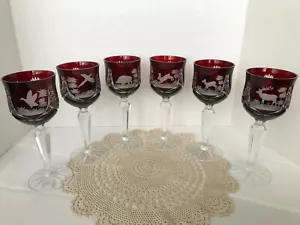 BOHEMIAN RUBY RED Hand Cut WINE TUMBLER SET 6 pieces sold together - Picture 1 of 11