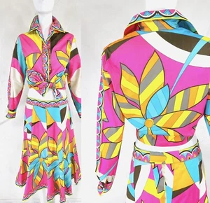 Epic! 1960s Collector's Vintage EMILIO PUCCI Pink Floral Skirt Top Dress Set, M - Picture 1 of 12