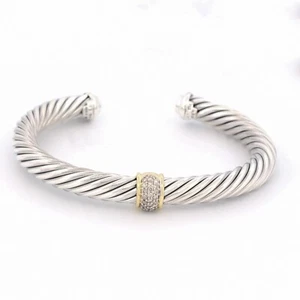 David Yurman Cable Station Bracelet Sterling 18K Yellow Gold Pave Diamonds 7mm - Picture 1 of 6