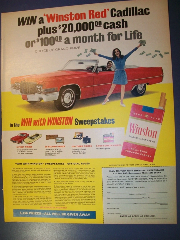 1970 "Winston Red" Cadillac convertible lg-mag Winston Cigarettes Car Contest ad - Image 1 of 1