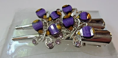 Set of 2 Fashion Hair Clips Metal 3" Alligator Rhinestone Butterflies Purple - Image 1 of 4
