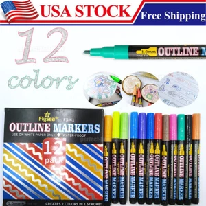 Doodle Dazzle Markers Double Line Outline Pens, 12 Colors Self Outline Metallic - Picture 1 of 12